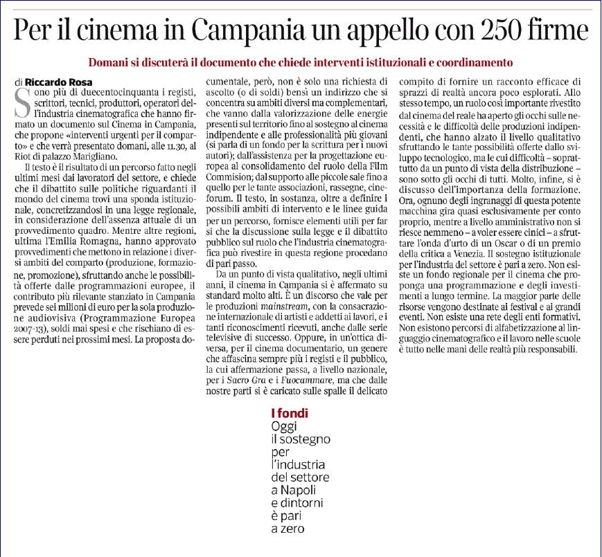 Per il cinema in Campania un appello con 250 firme